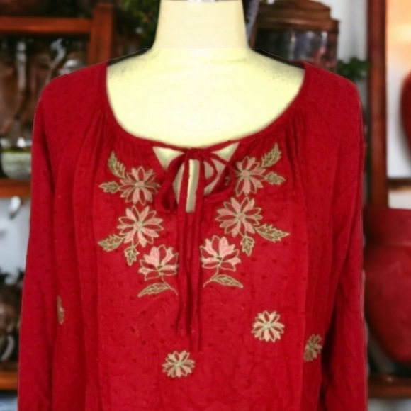 Anthropologie Skies Are Blue Red Floral Peasant Top - Picture 7 of 13